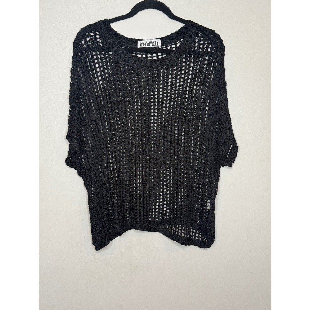 One Eleven North Womens Black Open Knit Crochet Sweater Top Size M Short Sleeve